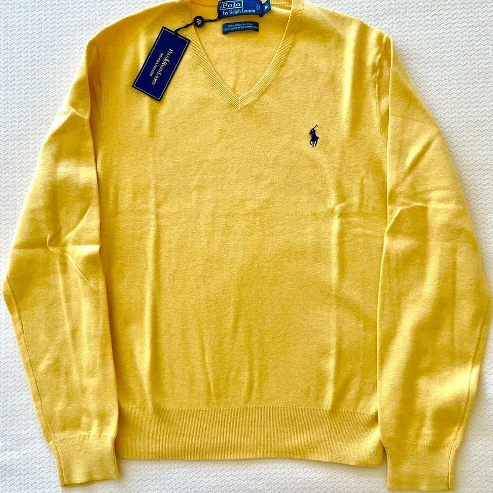 Polo by Ralph Lauren Yellow V-Neck Sweater, Mens Medium   NEW WITH TAG - Picture 3 of 8